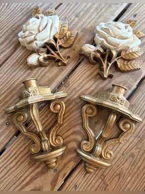 Syroco Hollywood Regency Gold White Roses Wall Candle Sconce Resin Metal 1974